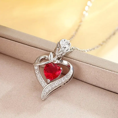 Heart Pendant Necklace – Silver-Tone with Red Heart Stone
