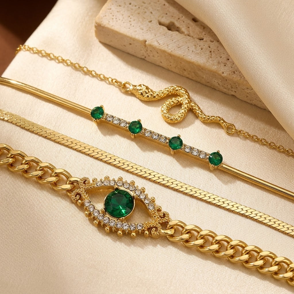 Layered Charm Bracelet Set – Gold-Tone with Green Stones