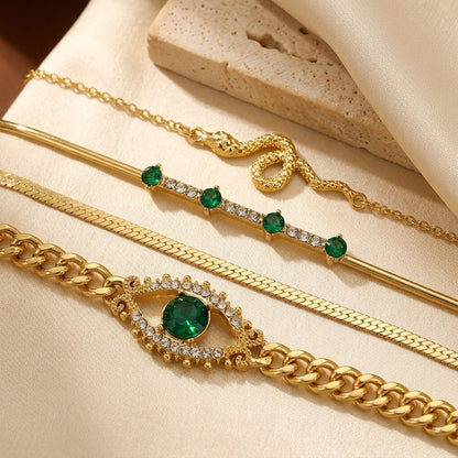 Layered Charm Bracelet Set – Gold-Tone with Green Stones
