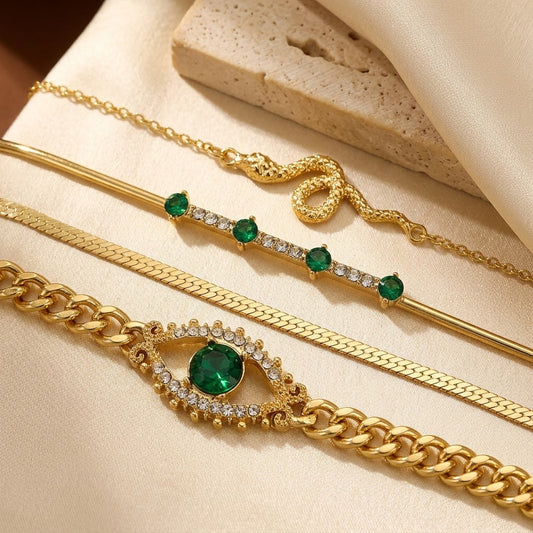 Layered Charm Bracelet Set – Gold-Tone with Green Stones
