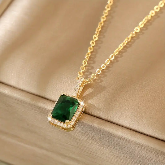 Rectangular Halo Pendant Necklace – Gold-Tone with Green Stone