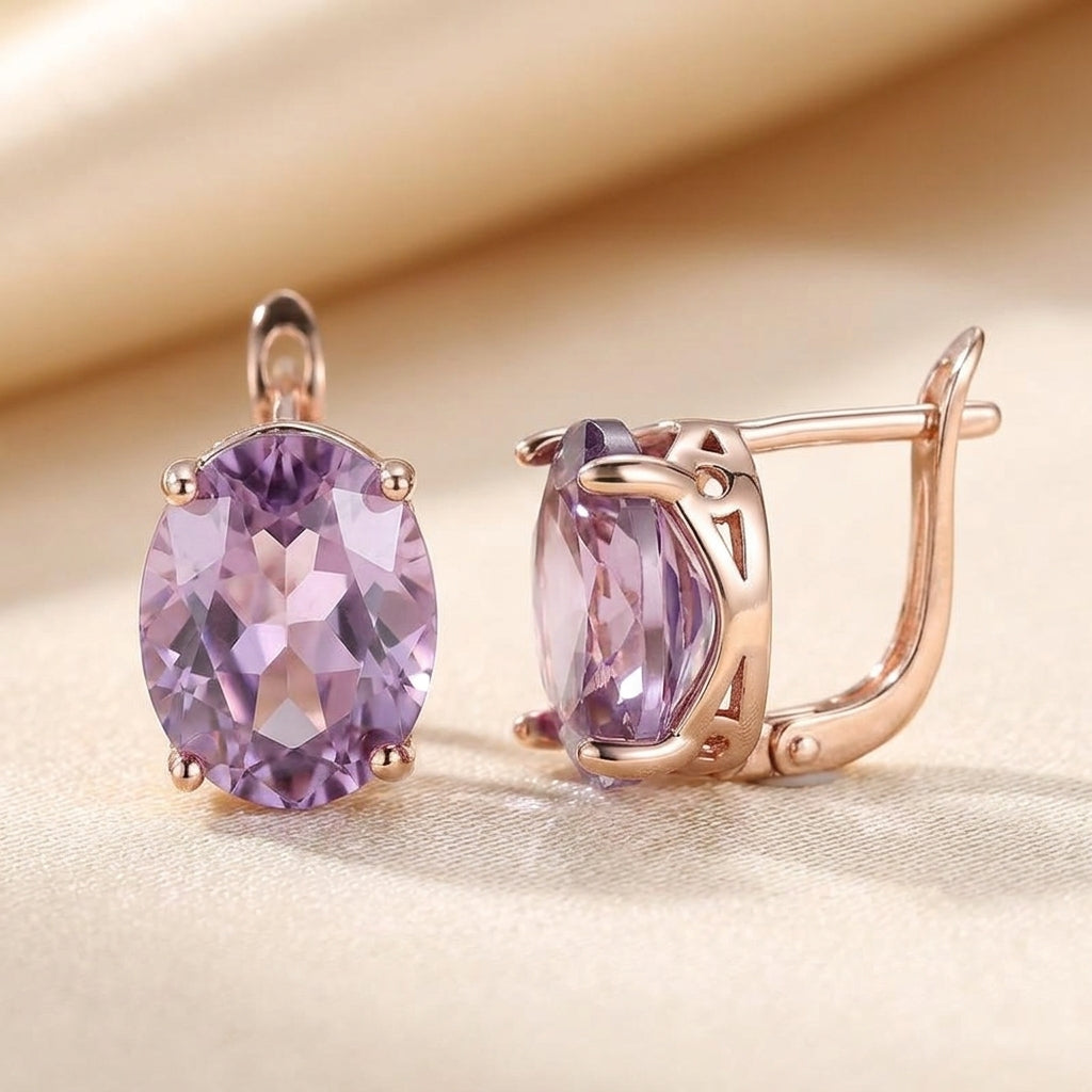 Oval Lilac Stone Earrings – Rose Gold-Tone with Hinged Fitting