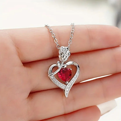 Heart Pendant Necklace – Silver-Tone with Red Heart Stone