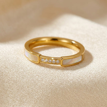 Inlay Band Ring – Gold-Tone with Pearl-Effect Inlay and Clear Stones