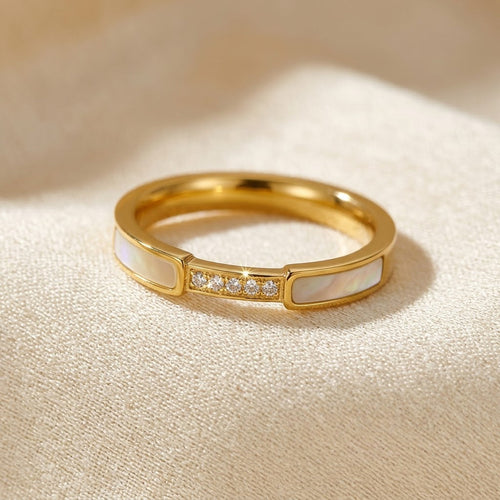 Inlay Band Ring – Gold-Tone with Pearl-Effect Inlay and Clear Stones