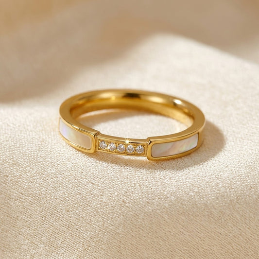 Inlay Band Ring – Gold-Tone with Pearl-Effect Inlay and Clear Stones
