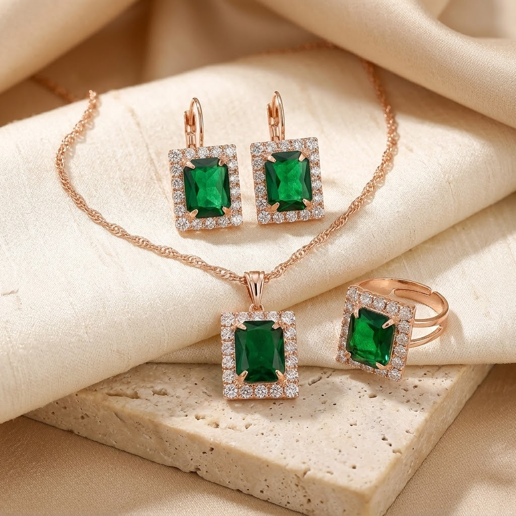 Rectangular Halo Jewellery Set – Rose Gold-Tone with Green Stones