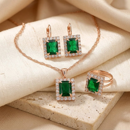 Rectangular Halo Jewellery Set – Rose Gold-Tone with Green Stones
