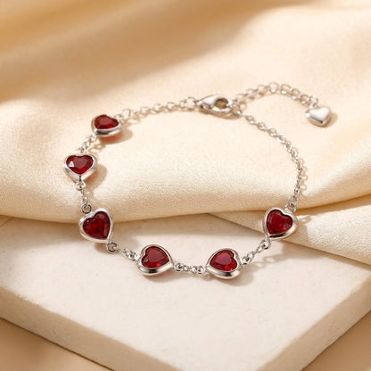 Heart Chain Bracelet – Silver-Tone with Red Heart Stones