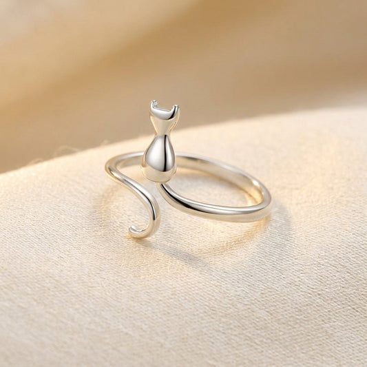 Cat Motif Open Ring – Silver-Tone Sitting Cat with Curled Tail