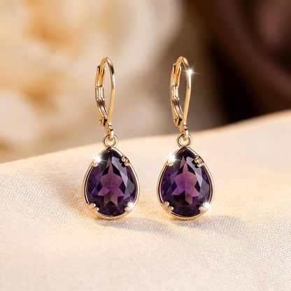 Teardrop Drop Earrings – Gold-Tone with Purple Stones