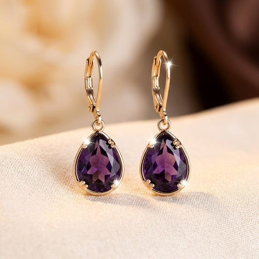 Teardrop Drop Earrings – Gold-Tone with Purple Stones