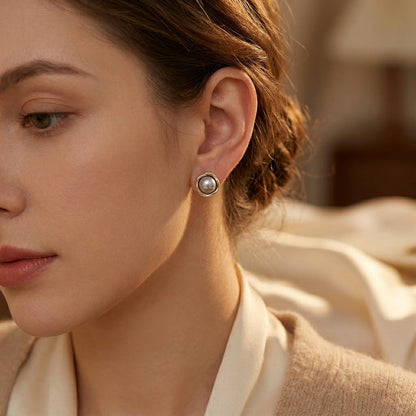 Pearl Stud Earrings – Gold-Tone Bezel with Grey Pearl-Effect Centre