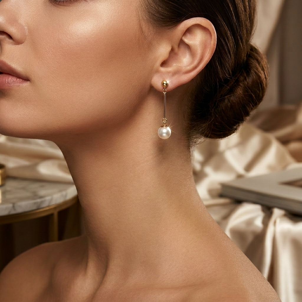 Long Pearl Drop Earrings – Gold-Tone Bar with Pearl-Effect Drop
