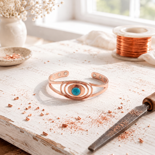 Ocean Rose Copper Bracelet – Hand-Formed Wire Cuff with Turquoise