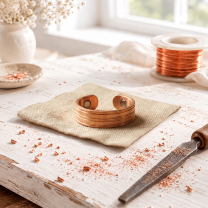 Rose Copper Ring – Hand-Cut Three-Groove Magnetic Band