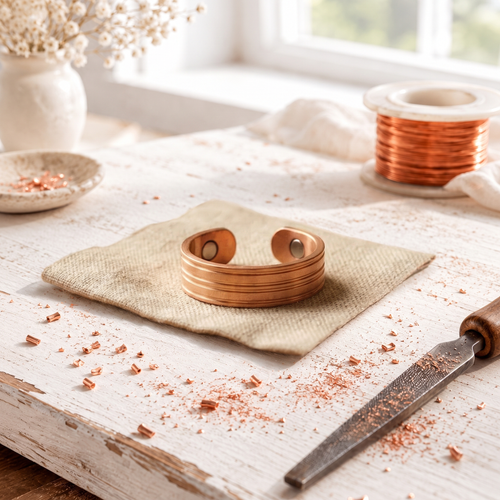 Rose Copper Ring – Hand-Cut Three-Groove Magnetic Band