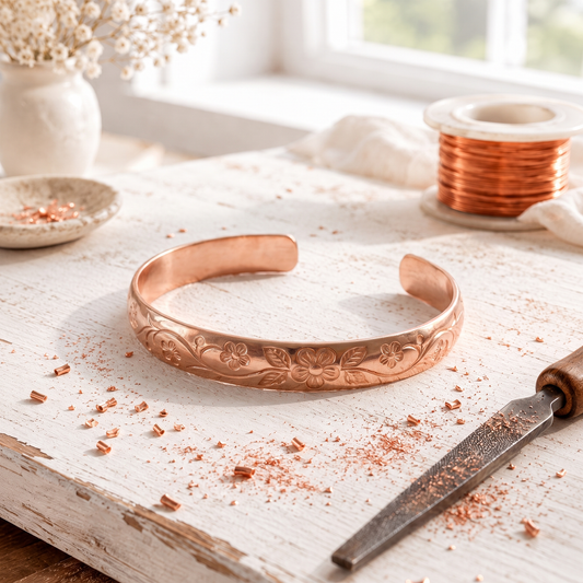 Rose Copper Garland Bracelet – Hand-Engraved Floral Vine Cuff