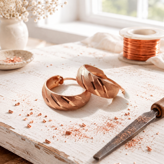 Pink Facet Copper Earrings – Hand-Cut Diagonal Groove Hoops