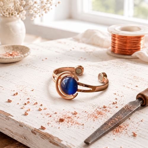Copper Cuff Bracelet – Hand-Set Blue-Grey Stones, Adjustable
