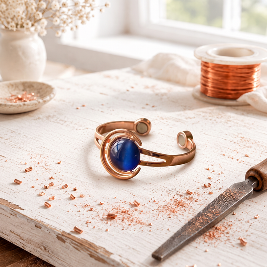 Copper Cuff Bracelet – Hand-Set Blue-Grey Stones, Adjustable