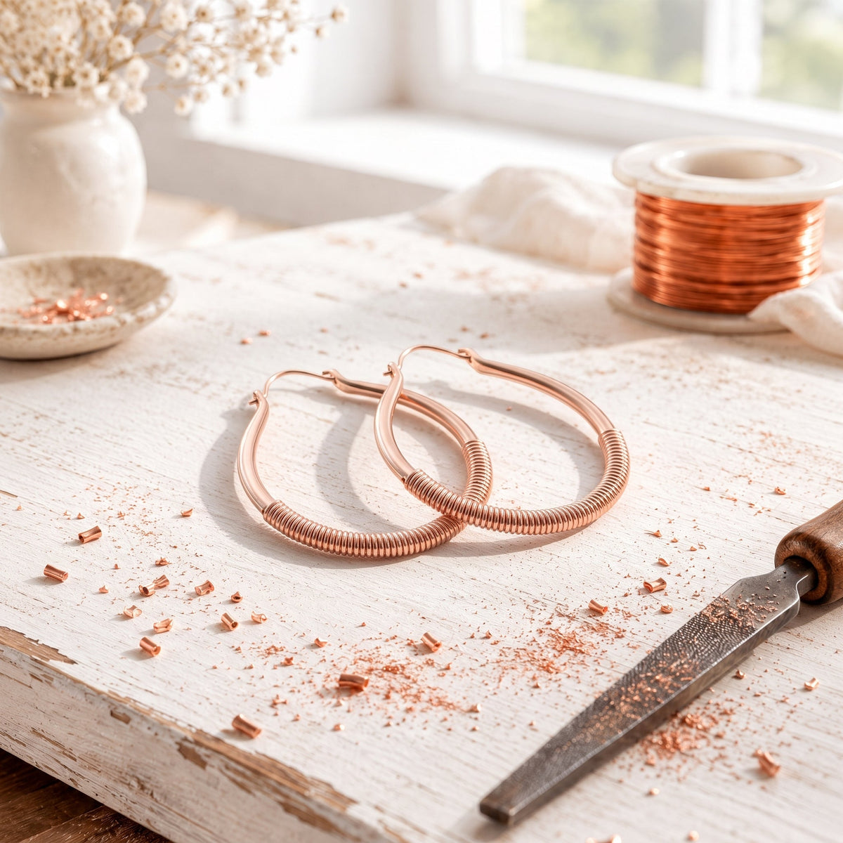 Rose Copper Filigree Earrings – Hand-Coiled Teardrop Hoops