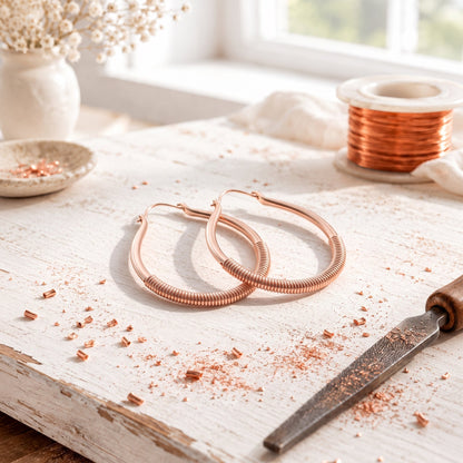 Rose Copper Filigree Earrings – Hand-Coiled Teardrop Hoops
