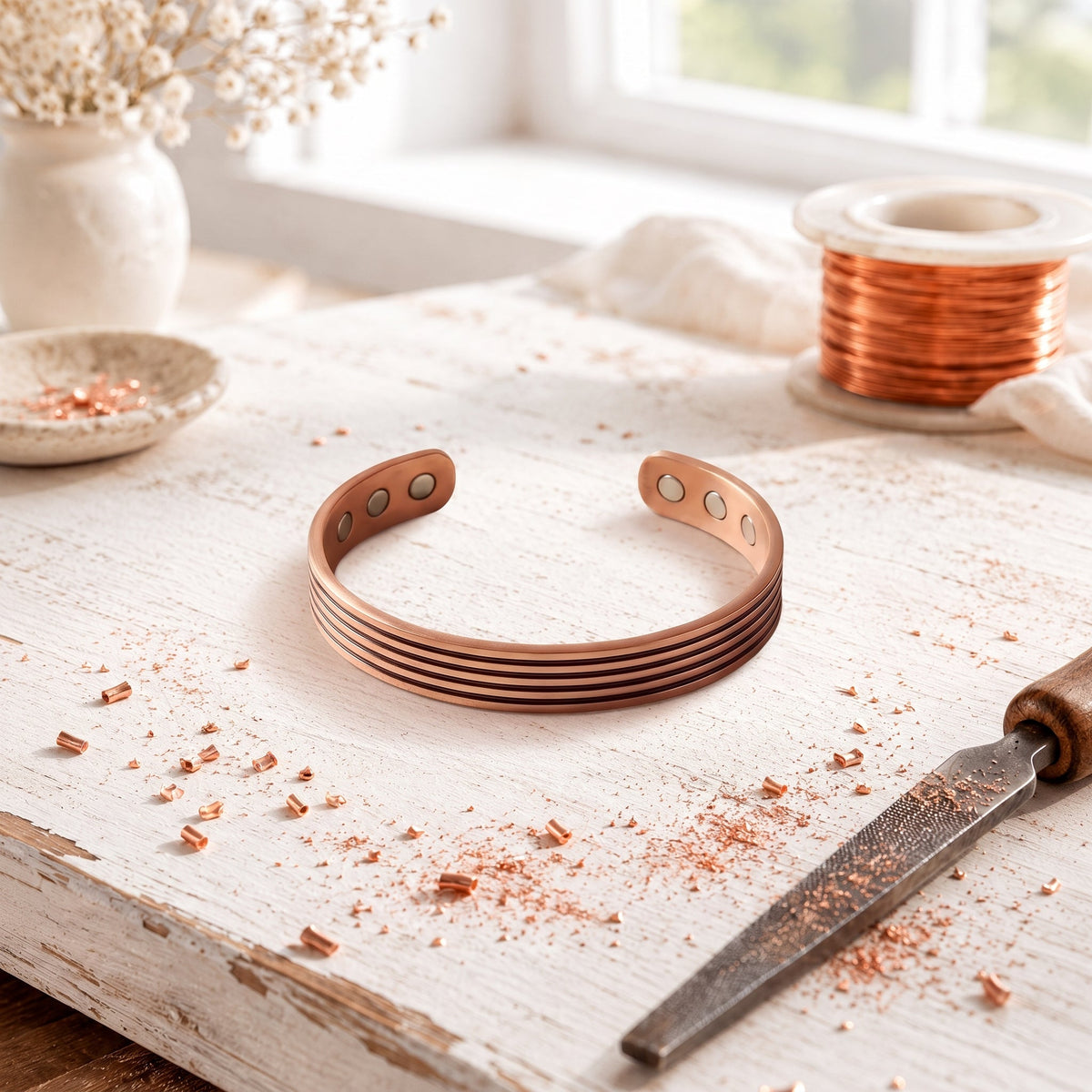 Copper Cuff Bracelet – Hand-Chased Five-Line Design