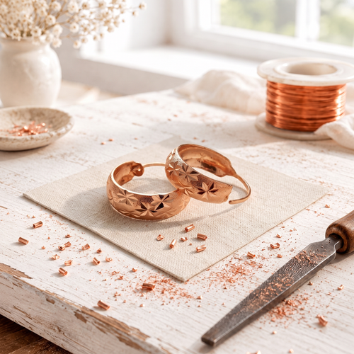 Rose Copper Starburst Earrings – Hand-Engraved Wide Hoops