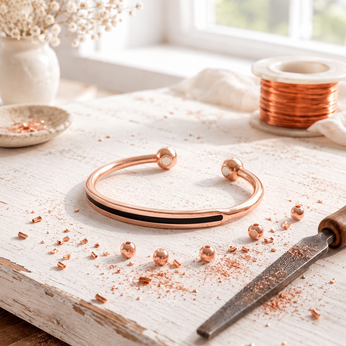 Rose Copper Spines Bracelet – Polished Open Cuff with Ball Ends