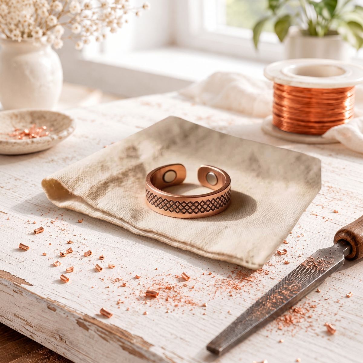 Rose Copper Trellis Ring – Hand-Engraved Grid Magnetic Band