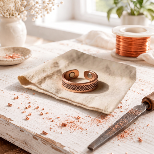 Rose Copper Trellis Ring – Hand-Engraved Grid Magnetic Band