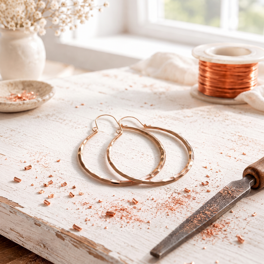 Pink Glint Copper Earrings – Hand-Hammered Copper Hoops