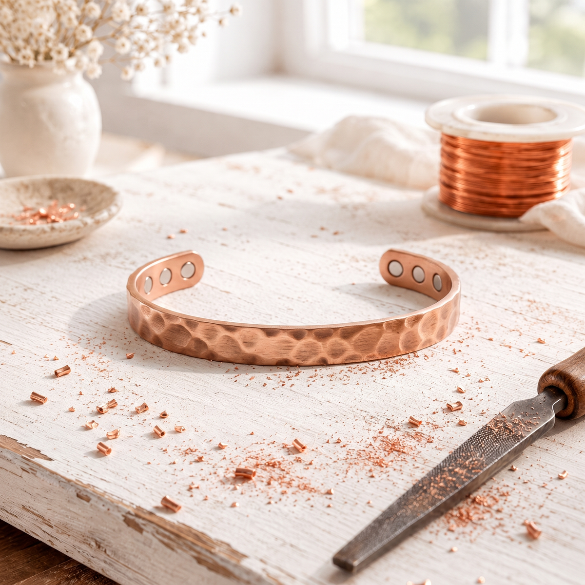 Rose Copper Crater Bracelet – Hand-Hammered Open Cuff