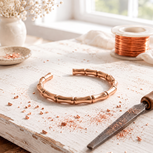 Rose Copper Bracelet – Hand-Shaped Bamboo-Style Open Cuff