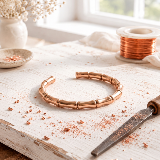 Rose Copper Bracelet – Hand-Shaped Bamboo-Style Open Cuff