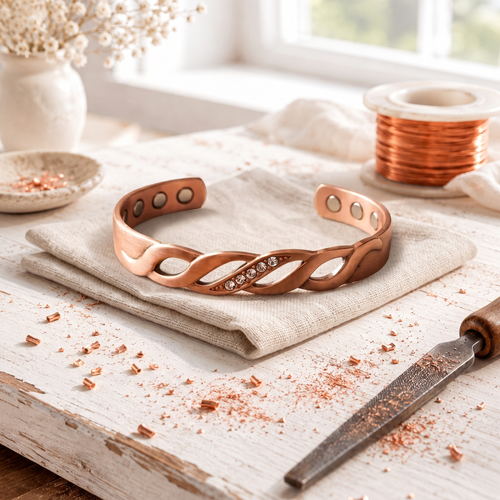 Glimmer Rose Copper Bracelet – Twisted Magnetic Cuff with Stones