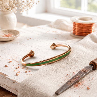 Pink Patinated Copper Bracelet – Slim Open Cuff with Jade Inlay
