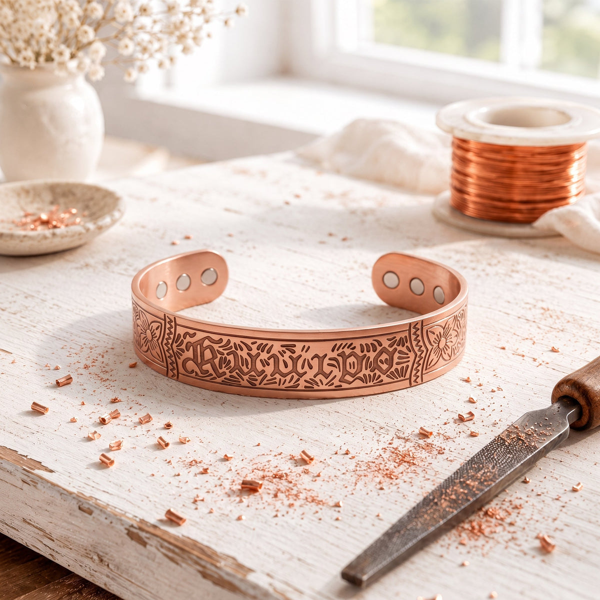 Rose Copper Relic Bracelet – Gothic Engraved Magnetic Cuff