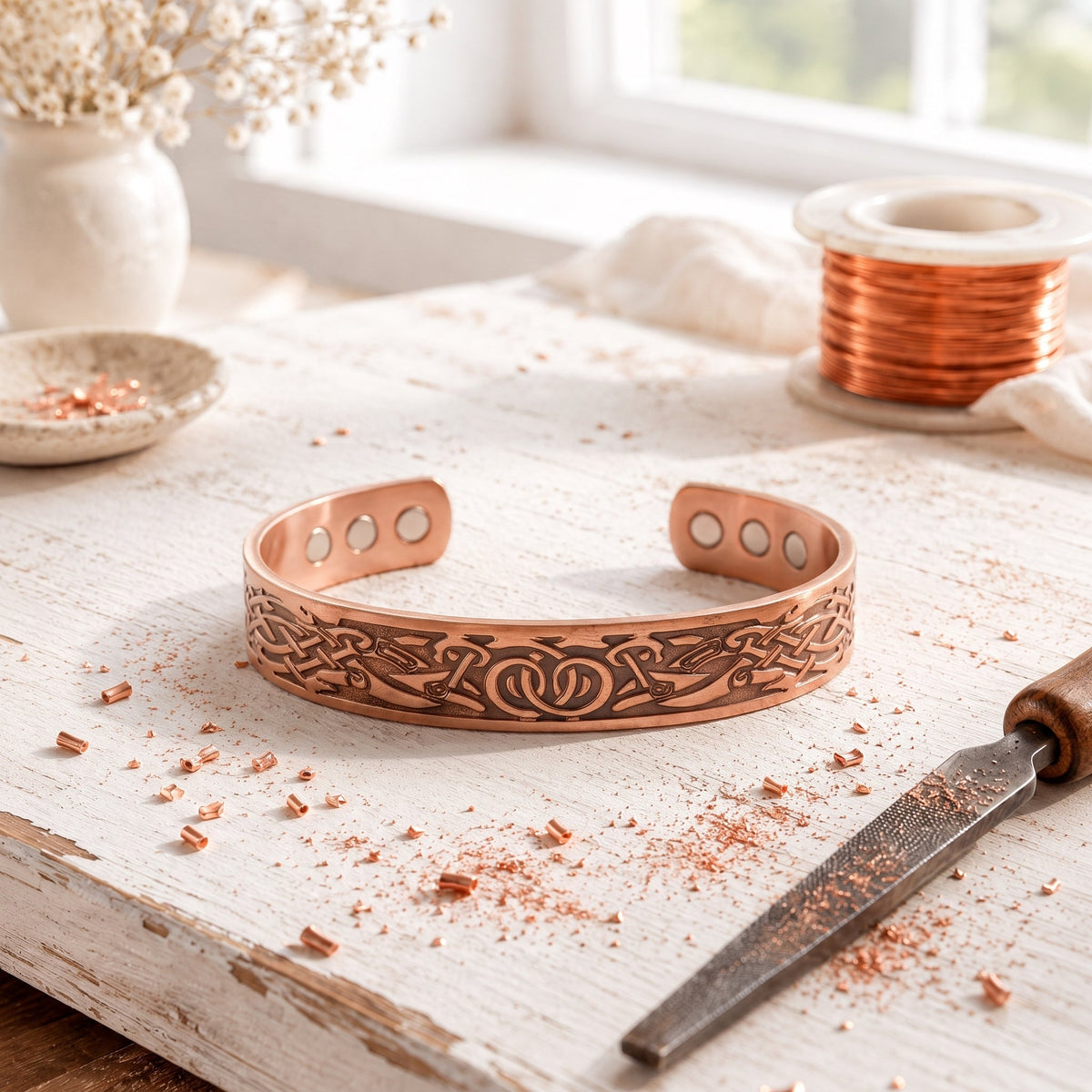 Copper Bracelet with Rose Carving – Engraved Magnetic Cuff