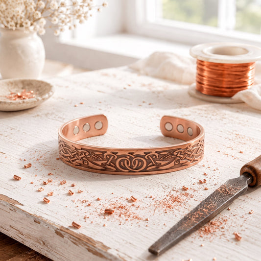 Copper Bracelet with Rose Carving – Engraved Magnetic Cuff