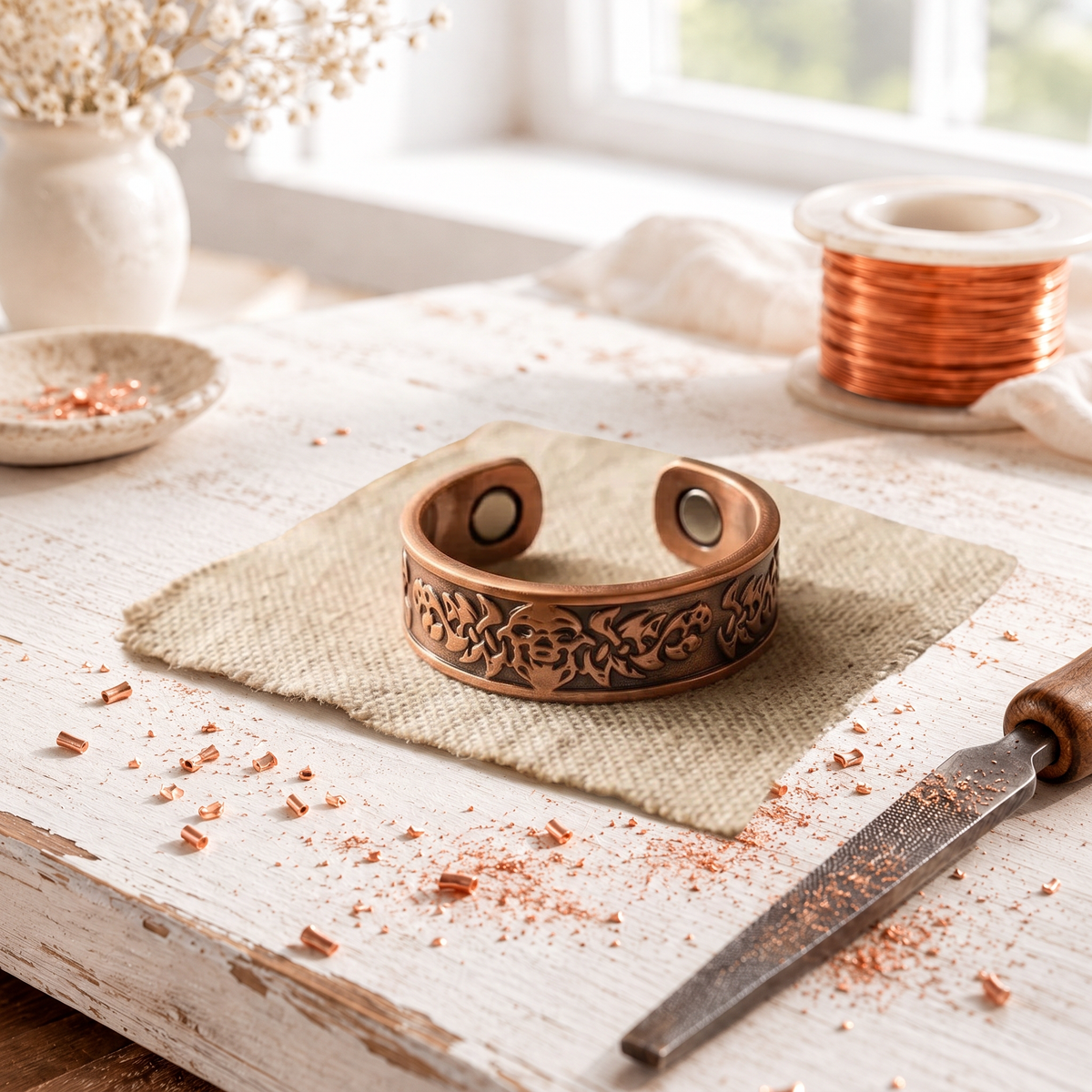 Pink Copper Thistle Ring – Hand-Engraved Floral Adjustable Band