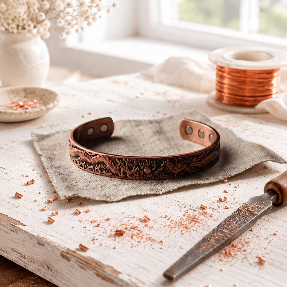Pink Copper Longma Bracelet – Dragon Embossed Magnetic Cuff