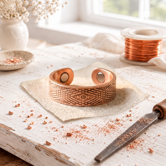 Rose Copper Ring with Sundial – Hand-Cut Crosshatch Band