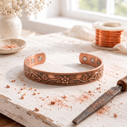 Rose Copper Festoon Bracelet – Engraved Floral Magnetic Cuff