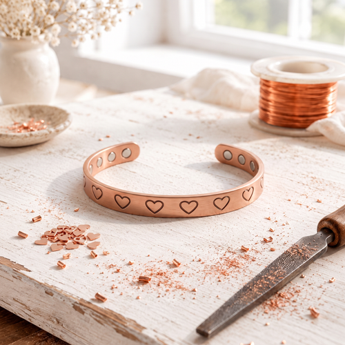 Rose Copper Cordis Bracelet – Hand-Stamped Heart Cuff