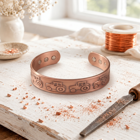 Rose Copper Tillage Bracelet – Hand-Stamped Tractor Cuff