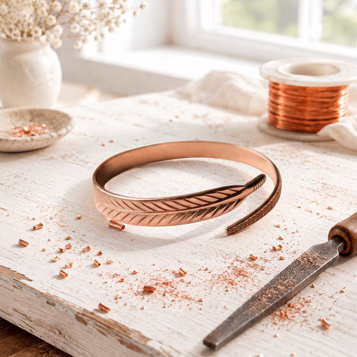 Rose Copper Feather Bracelet – Hand-Engraved Wrap Cuff