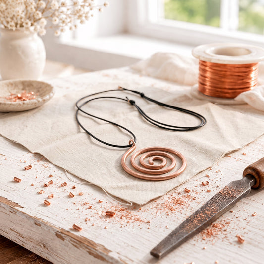 Rose Copper Whorl Necklace – Hand-Wound Spiral Pendant on Cord