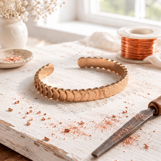 Rose Copper Shingle Bracelet – Overlapping Disc Open Cuff